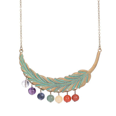 Vintage Bronze Feather Necklace with 7 Chakra Stone Beads